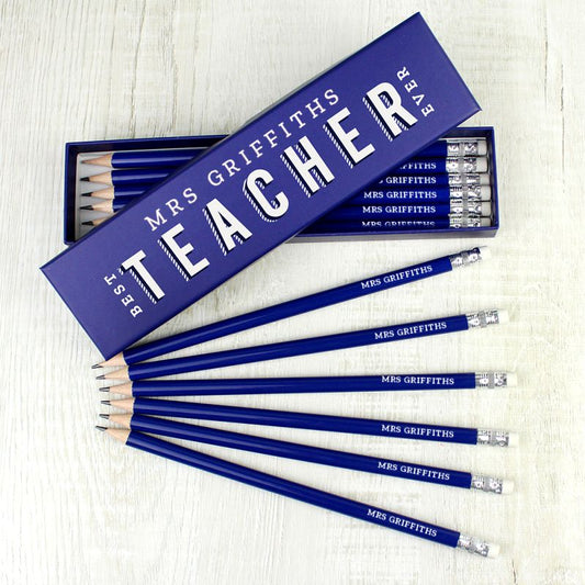 Personalised Best Teacher Ever Box Of 12 Blue HB Pencils