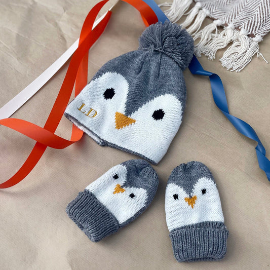 Personalised Baby's Penguin Hat & Mittens Set