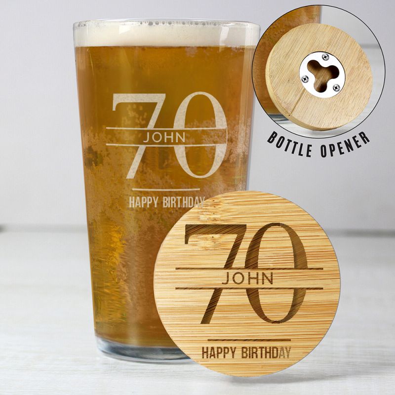 Personalised Birthday Beer Glass & Bamboo Bottle Opener Set