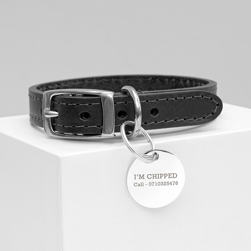 Black Leather Dog Collar With Personalised Tag