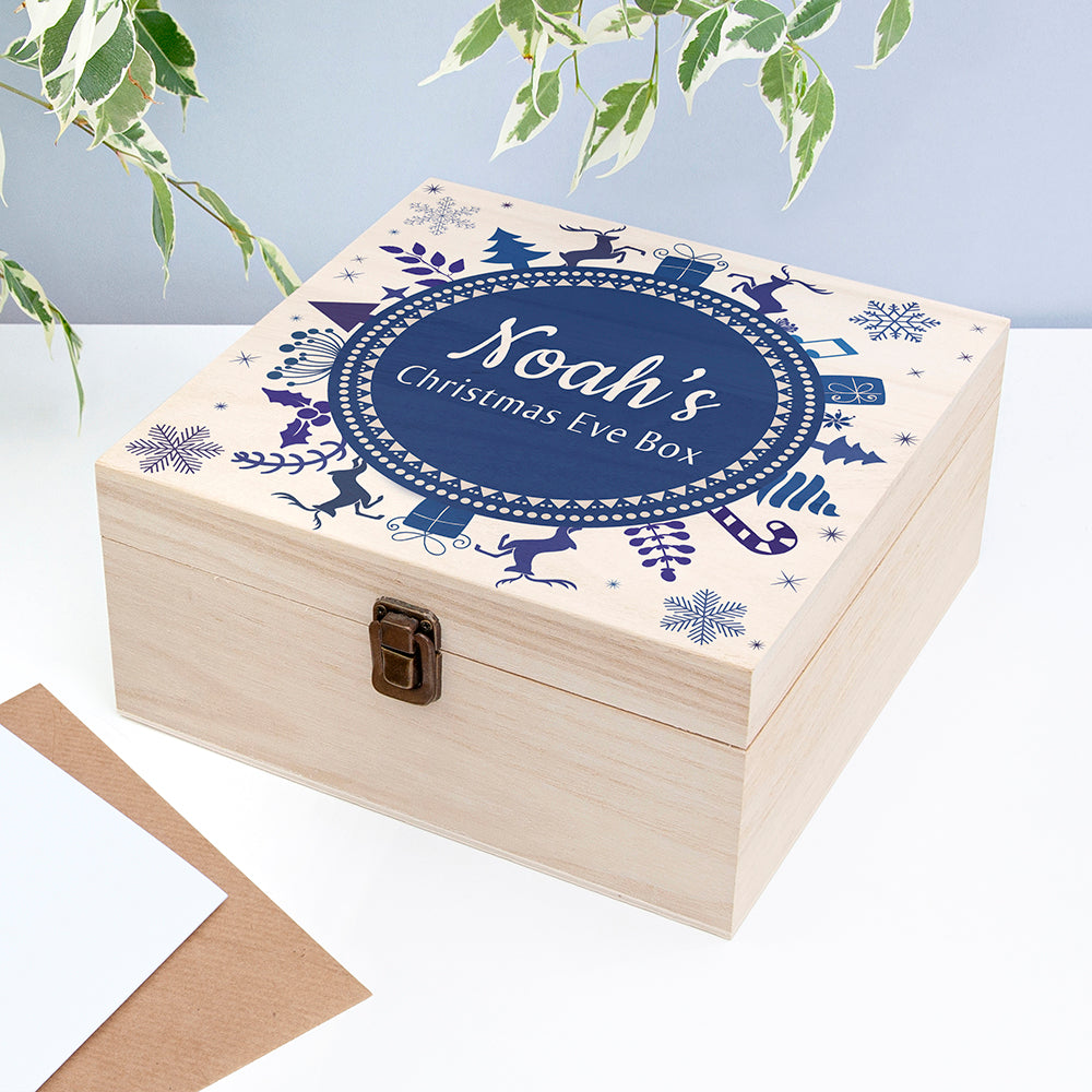 Personalised Square Christmas Eve Box With Blue Snowflake Wreath Design