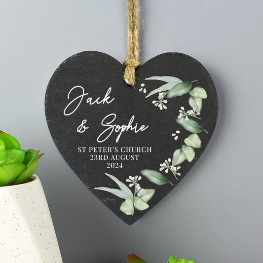 Personalised Botanical Slate Hanging Heart Decoration