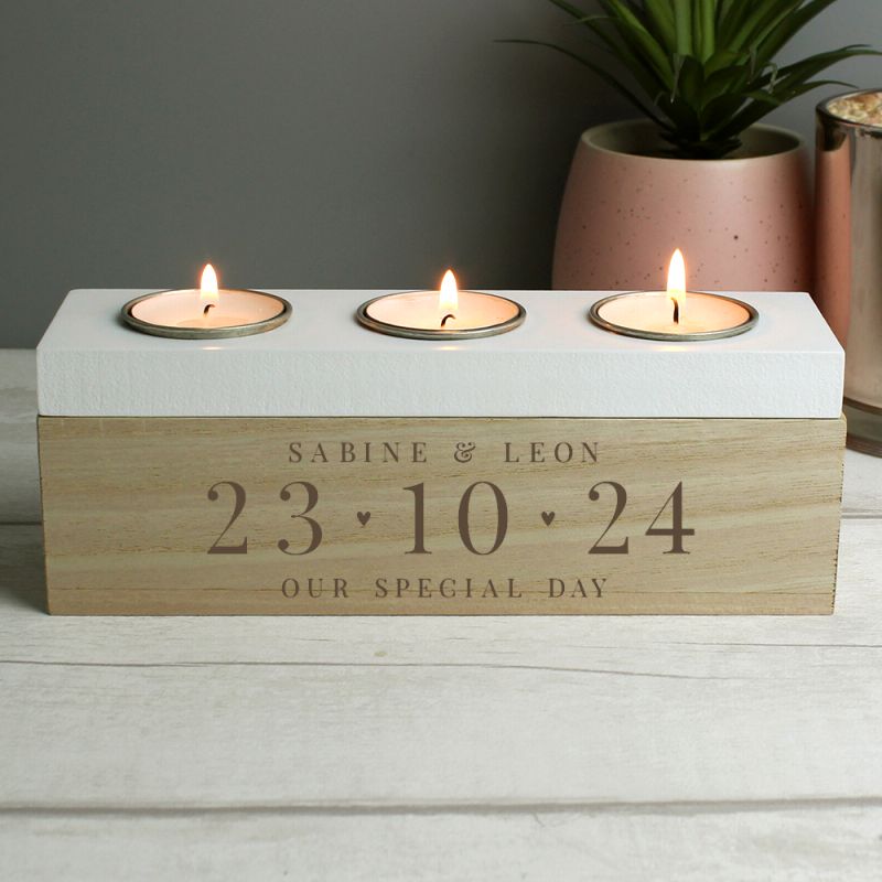 Personalised Wedding Date Wooden Triple Tea Light Holder