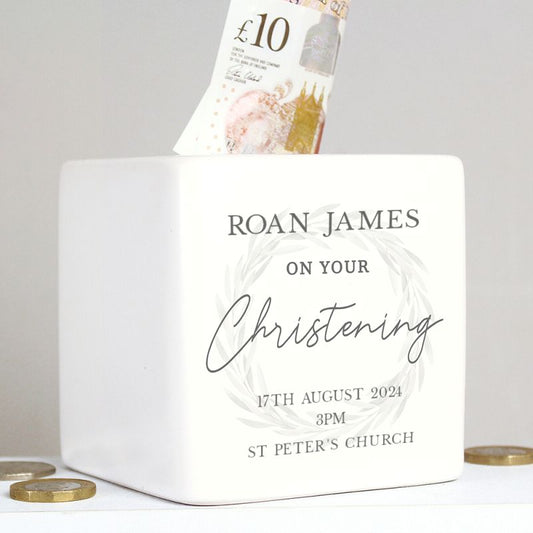 Personalised Christening Ceramic Square Money Box