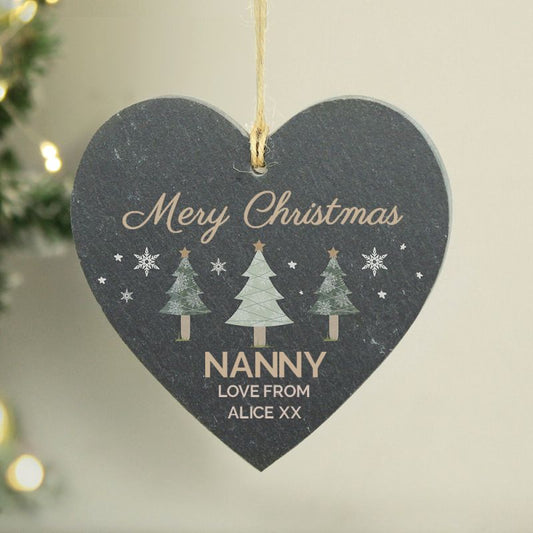 Personalised Christmas Tree Decorated Slate Heart Ornament