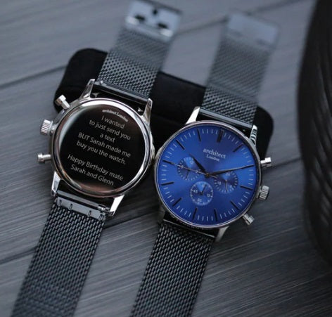 Engraved Men's Architect Motivator In Blue With Black Mesh Strap