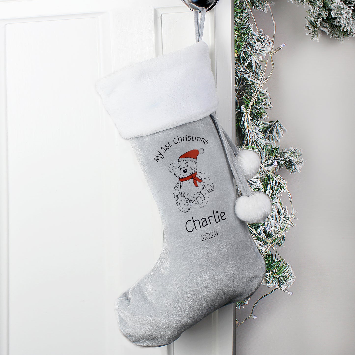 Personalised My 1st Christmas Teddy Silver Grey Christmas Stocking