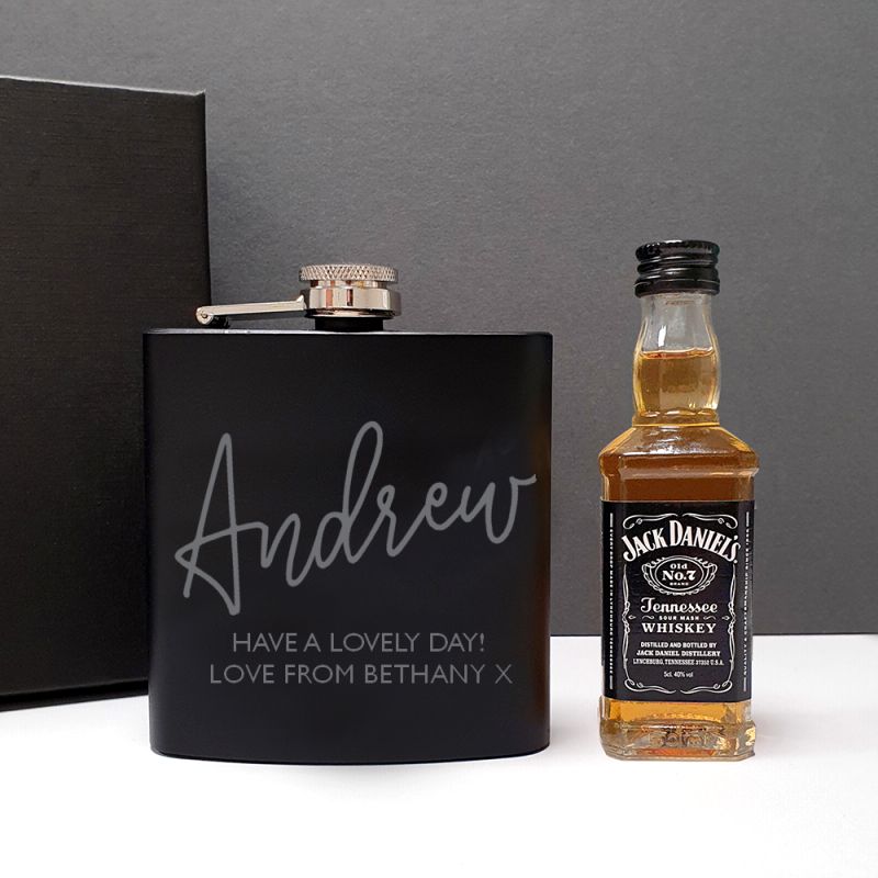 Personalised Hip Flask And Miniature Jack Daniels Gift Set