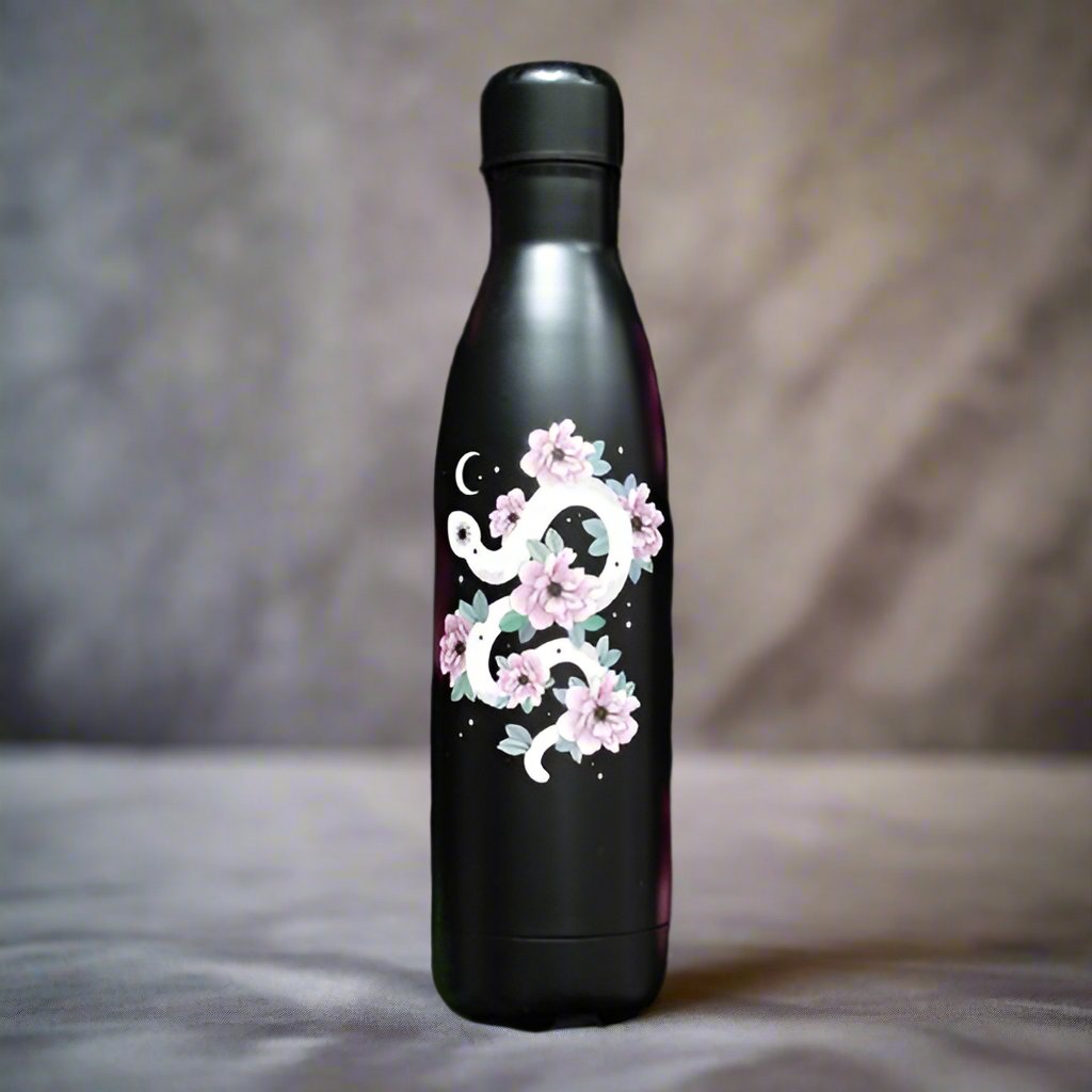 Floral Snake Black Water Bottle