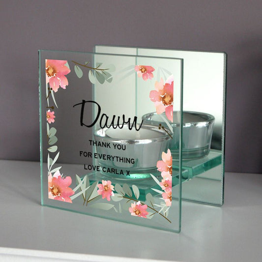 Personalised Floral Mirrored Glass Tea Light Candle Holder