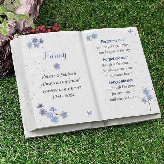 Personalised Forget Me Not Memorial Resin Book Grave Ornament