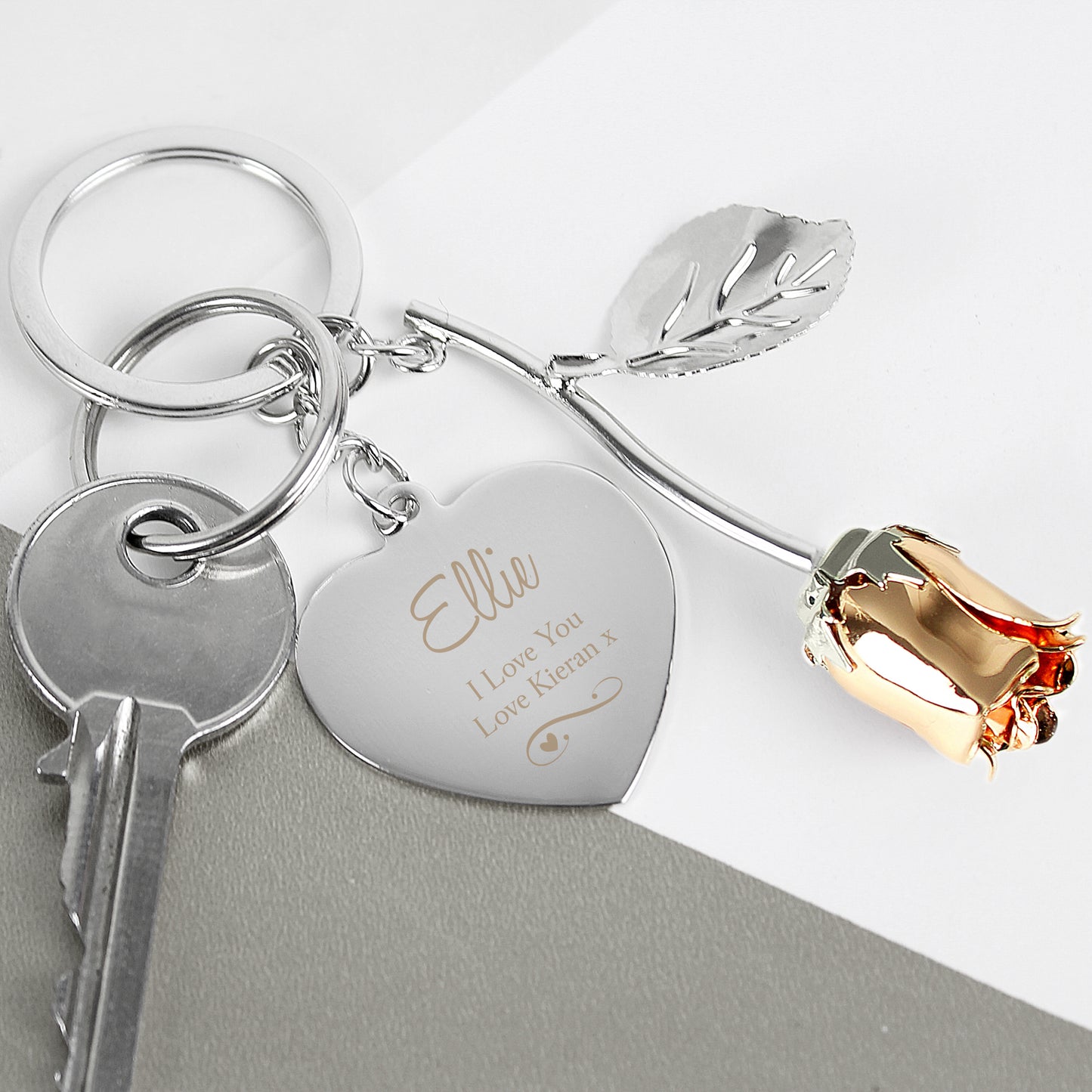 Personalised Silver Plated Gold Coloured Rose Keyring