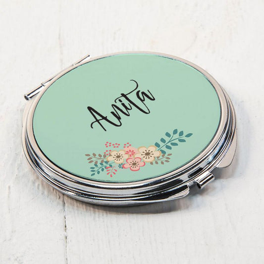 Personalised Green Floral Compact Mirror