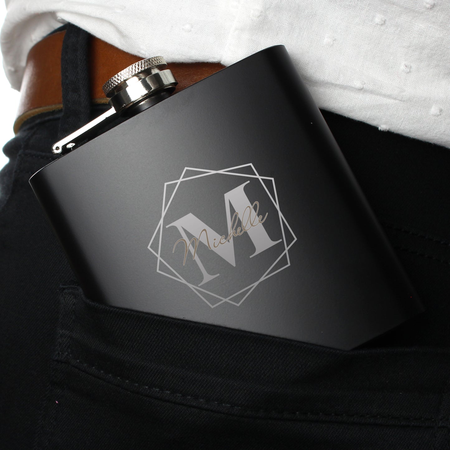 Personalised Geometric Initial Black Hip Flask