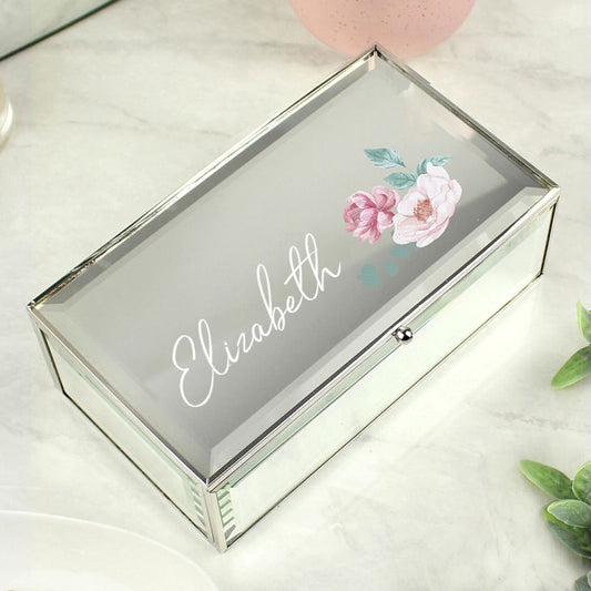 Personalised Floral Design Mirrored Glass Jewellery Box