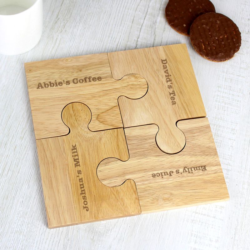 Personalised Wooden Jigsaw Piece Coasters, Set Of 4