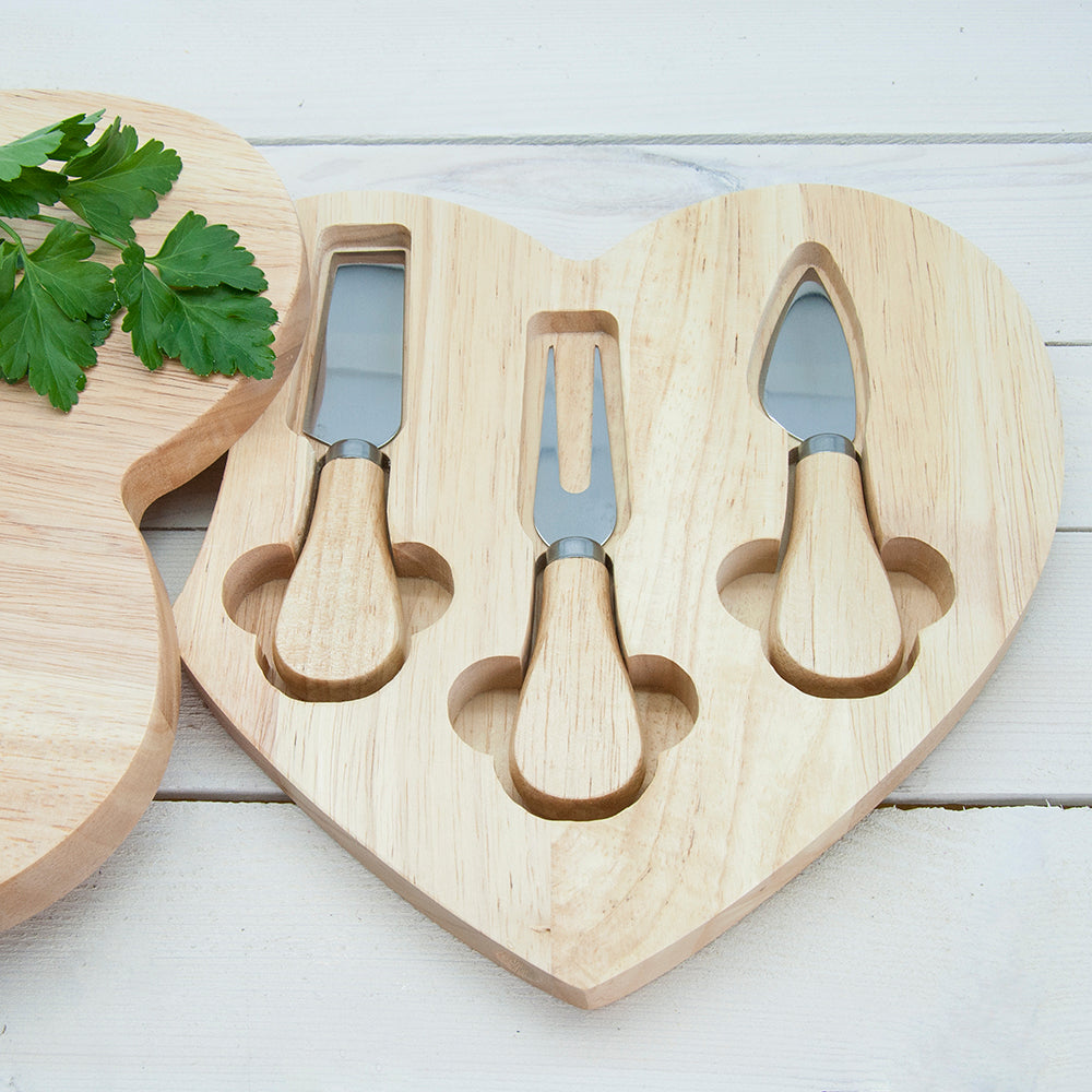 Personalised Like A Mouse Loves Cheese Heart Shaped Cheese Board & Knives Set