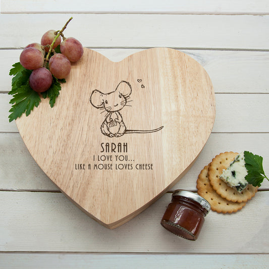 Personalised Like A Mouse Loves Cheese Heart Shaped Cheese Board & Knives Set