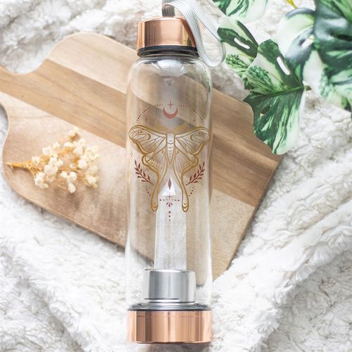 Luna Moth Design Water Bottle With Clear Quartz Crystal