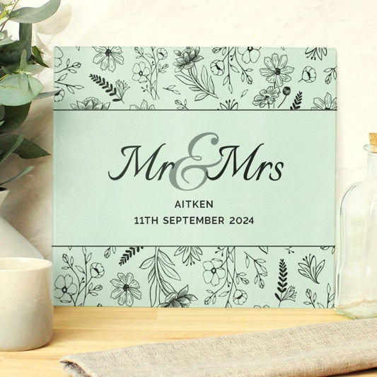 Personalised Mr & Mrs Botanical Glass Chopping Board/Worktop Saver