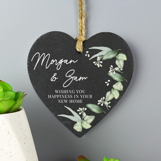 Personalised Botanical Slate Hanging Heart Decoration