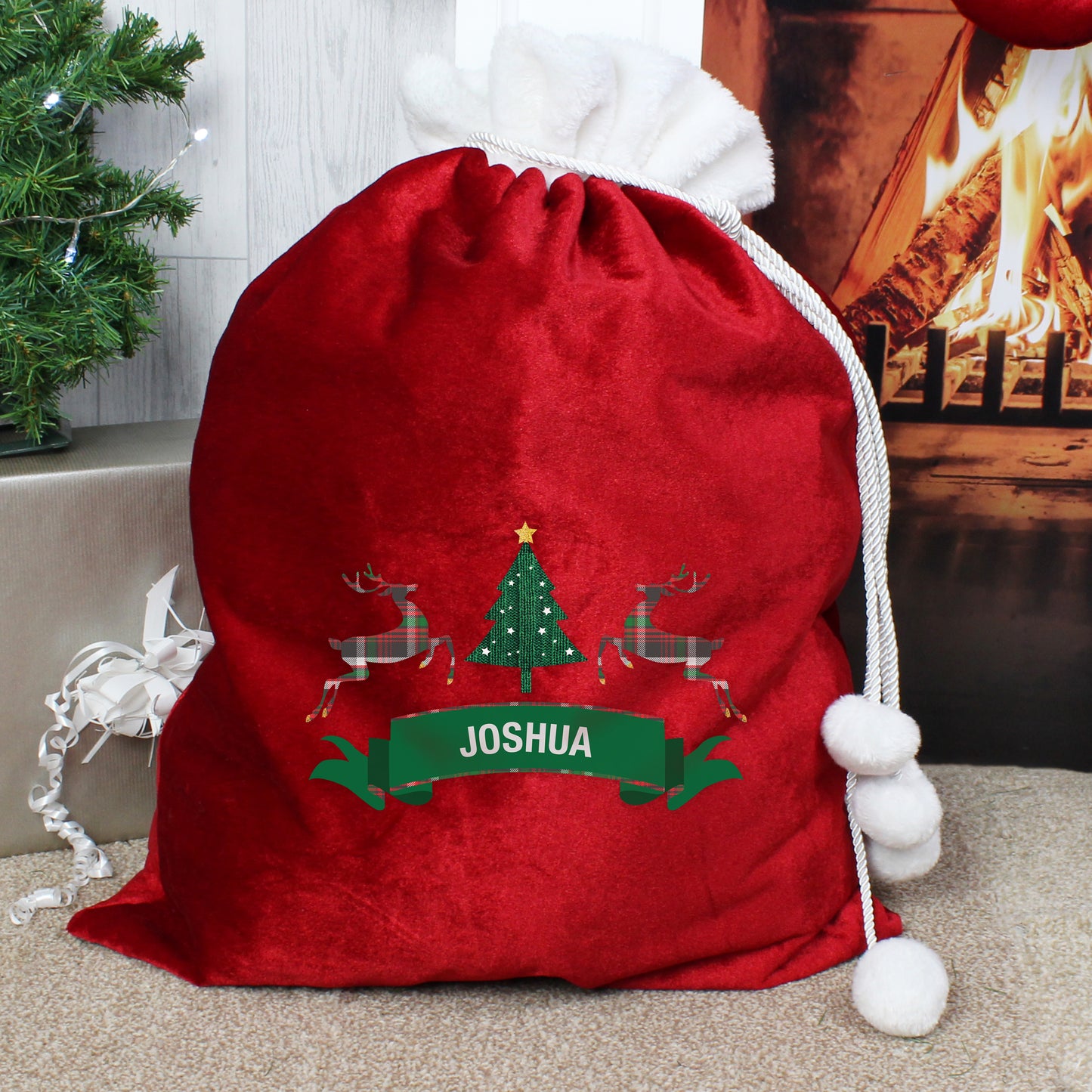 Personalised Nordic Christmas Luxury Pom Pom Red Gift Sack