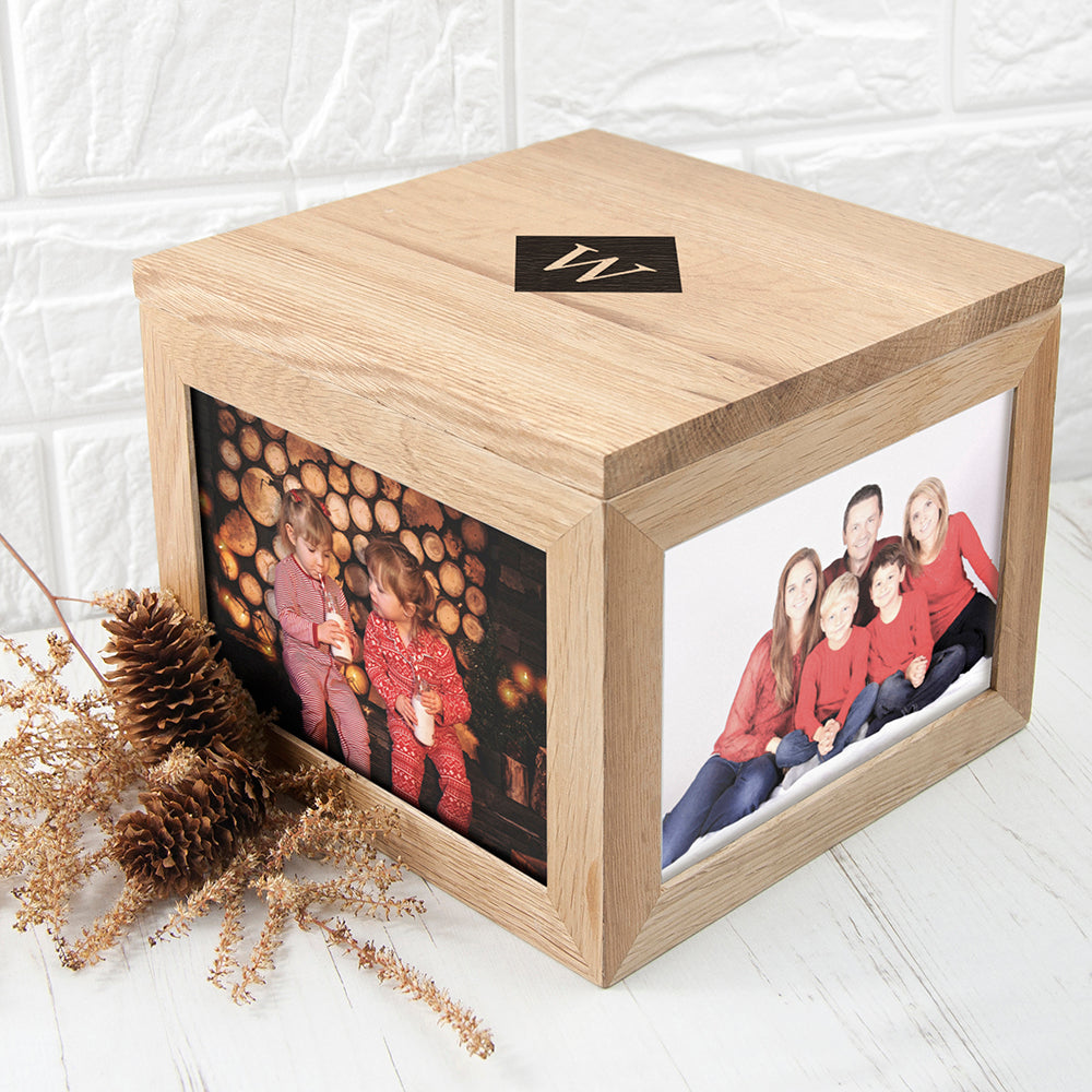 Personalised Initial Oak Photo Cube Keepsake Box