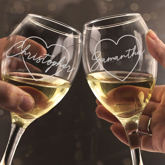 Pair Of Personalised Heart Name Wine Glasses