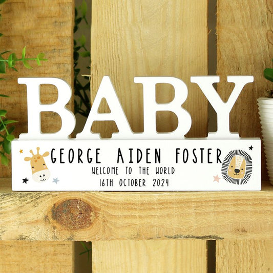 Personalised Safari Animals Wooden Baby Ornament