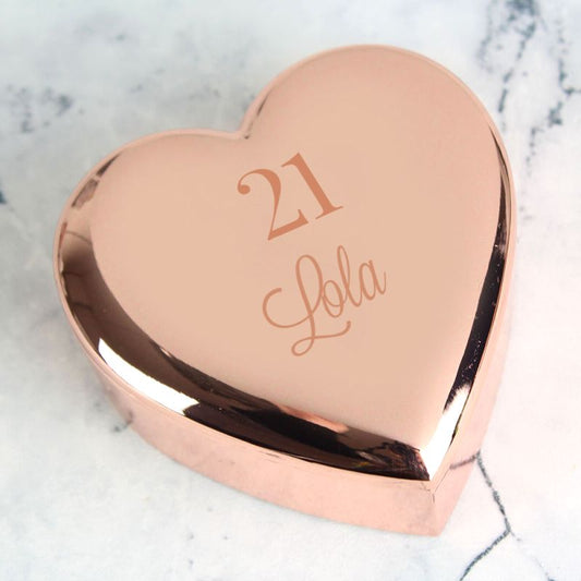 Personalised Any Age Rose Gold Coloured Heart Trinket Box