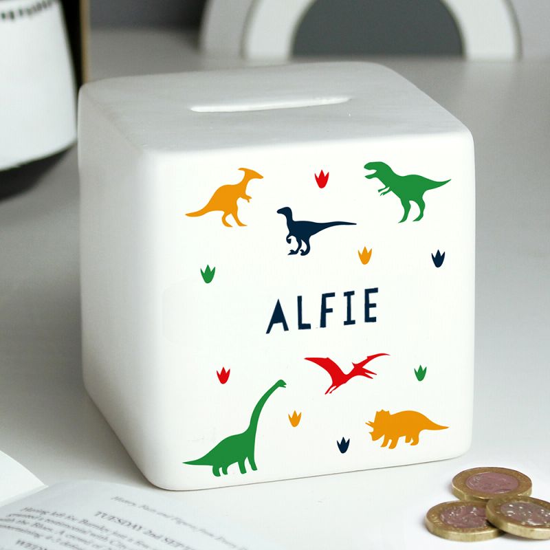 Personalised Dinosaur Ceramic Square Money Box