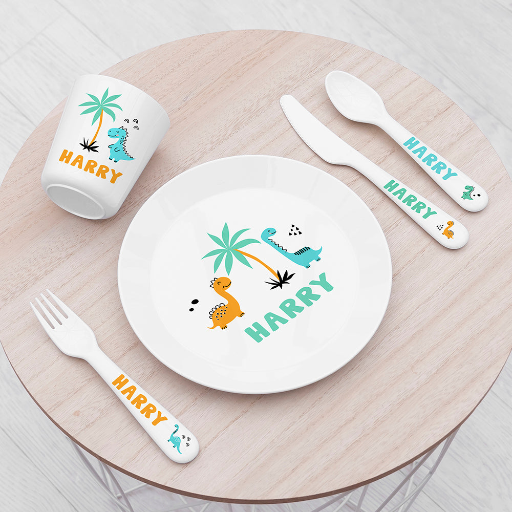 Personalised Dinosaur Design Kid's Shatterproof Dining Set