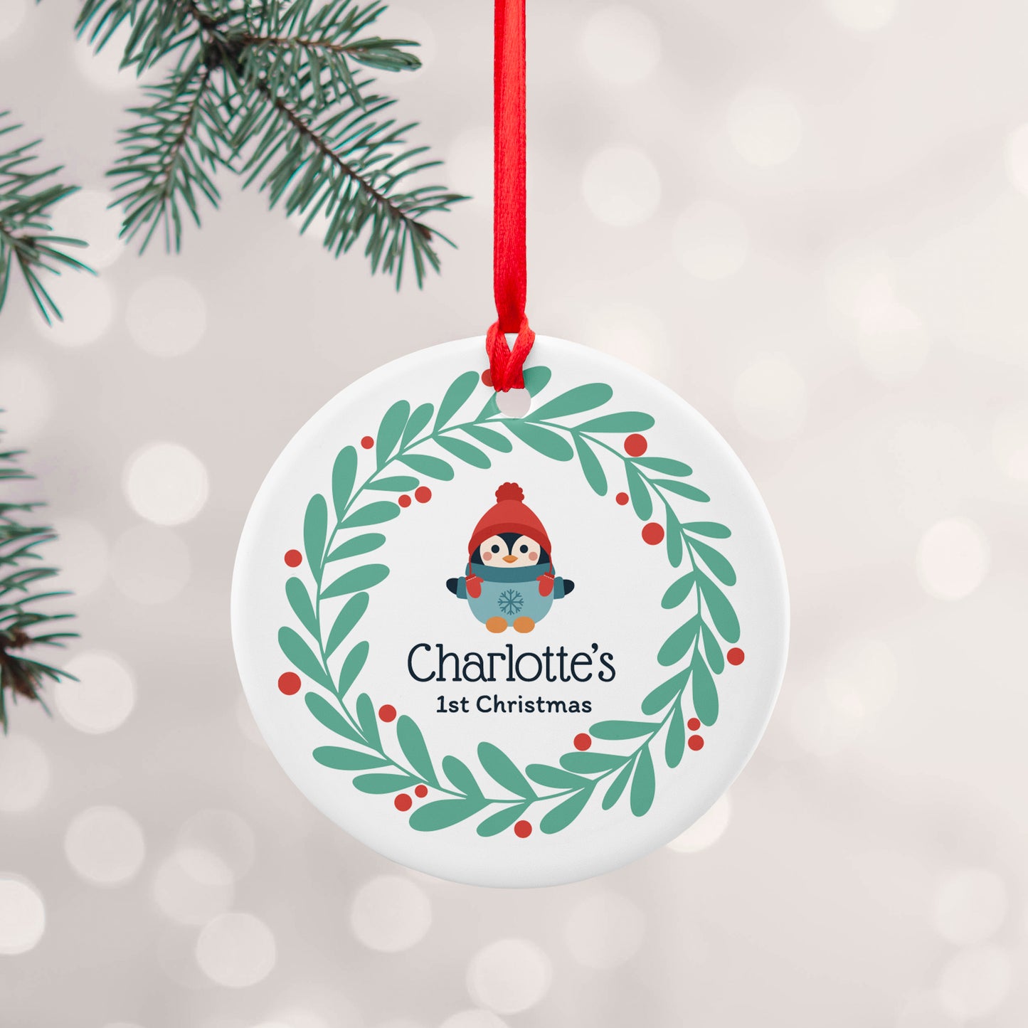 Personalised Baby Penguin 1st Christmas Ceramic Decoration