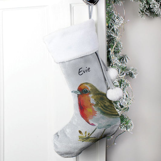 Personalised Robin Design Silver Grey Christmas Stocking