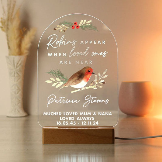 Personalised Robins Appear Wooden Based LED Light