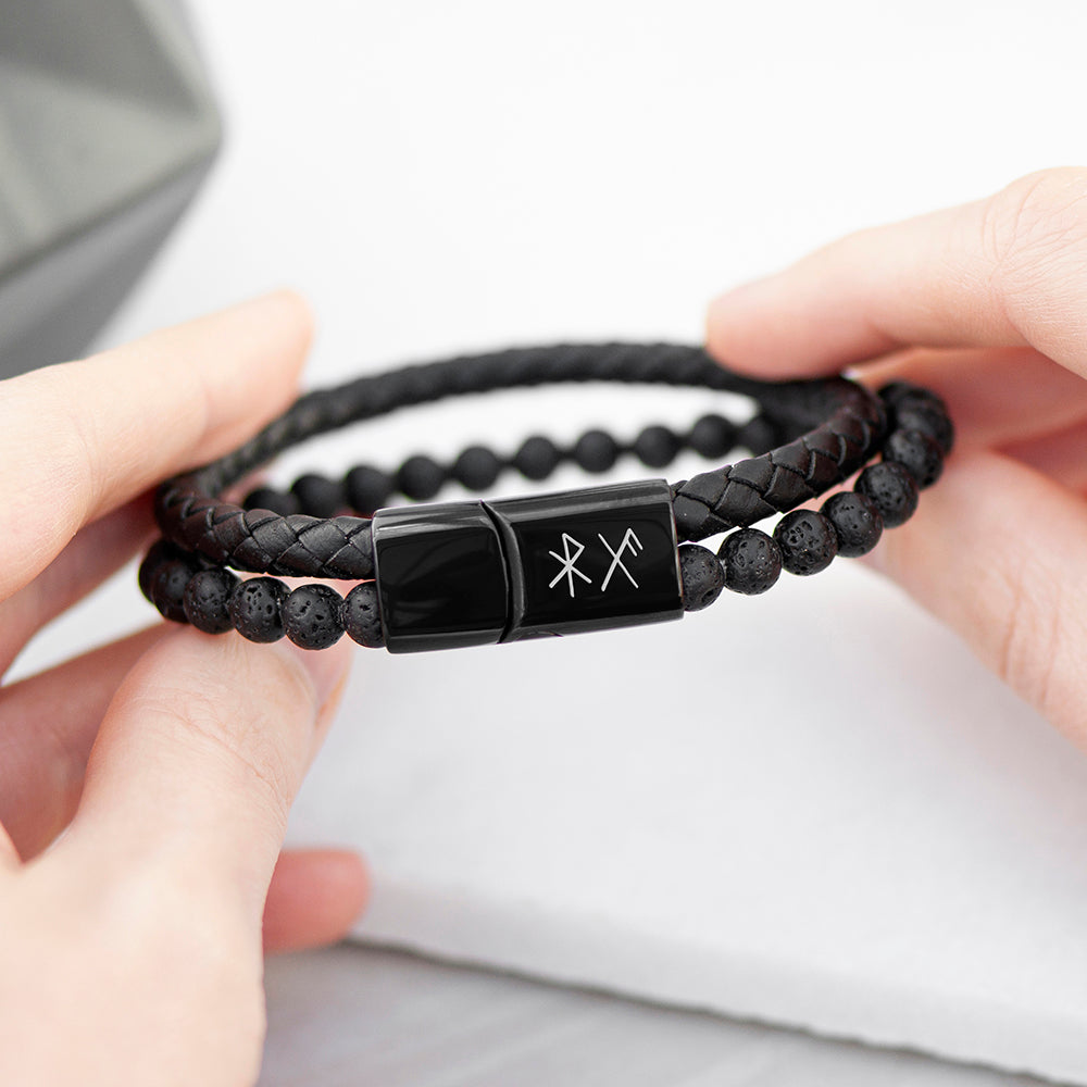 Personalised Men's Leather Bracelet With Health & Love Rune Symbols