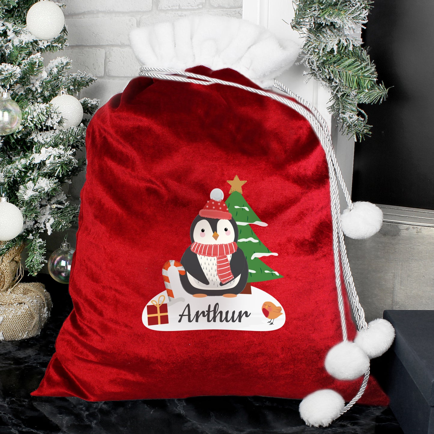 Personalised Penguin Design Christmas Luxury Pom Pom Red Gift Sack