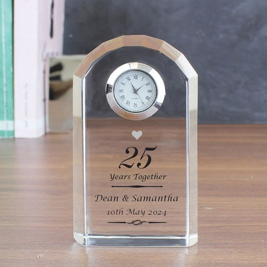 Personalised Silver Anniversary Crystal Miniature Clock