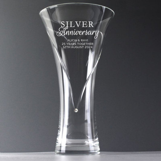 Personalised Hand Cut Silver Anniversary Diamante Vase