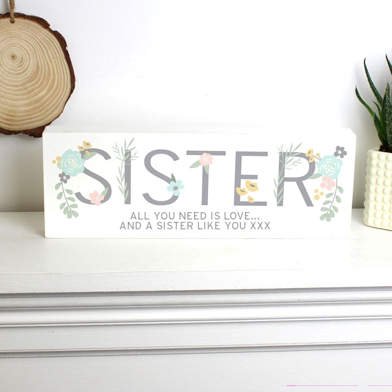 Personalised Floral Sister Wooden Block Ornament