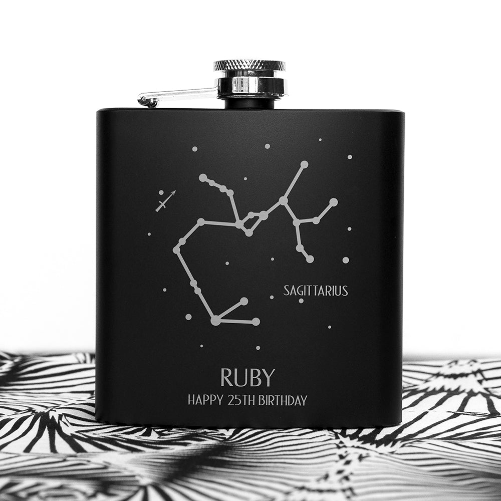 Personalised Star Sign Constellation Matte Black Hip Flask