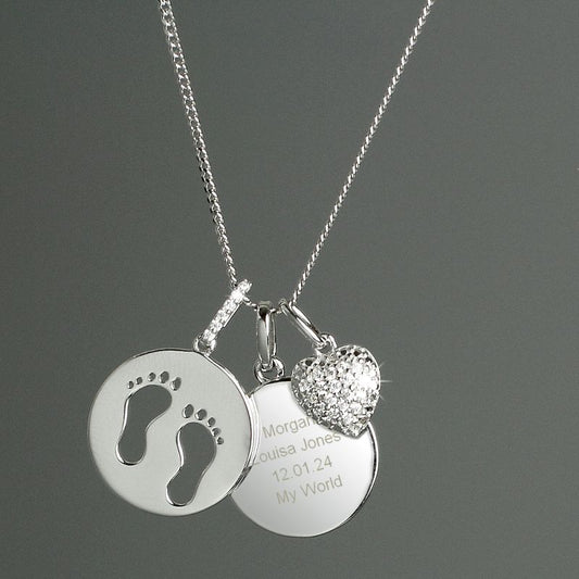 Personalised Sterling Silver Baby Footprints & Cubic Zirconia Heart Necklace