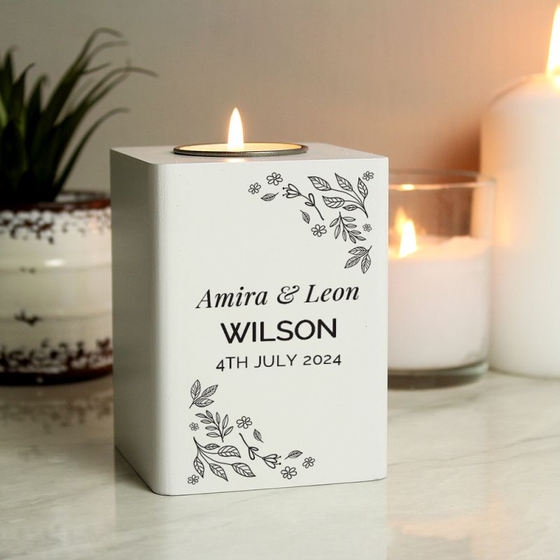 Personalised Floral Leaf White Wooden Tea Light Holder