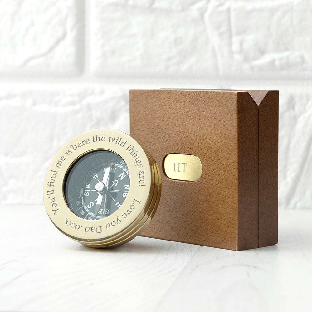 Personalised Brass Travellers Compass With Wooden Box