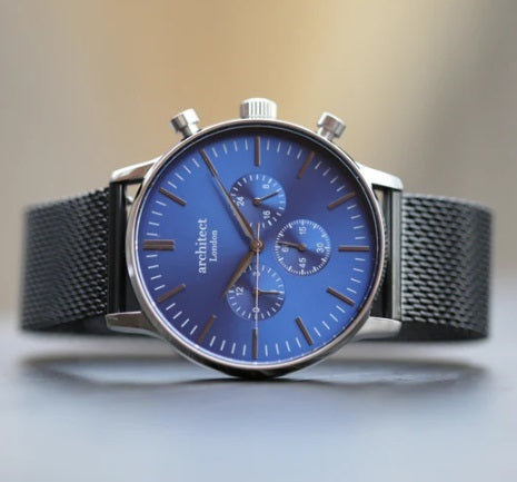 Engraved Men's Architect Motivator In Blue With Black Mesh Strap